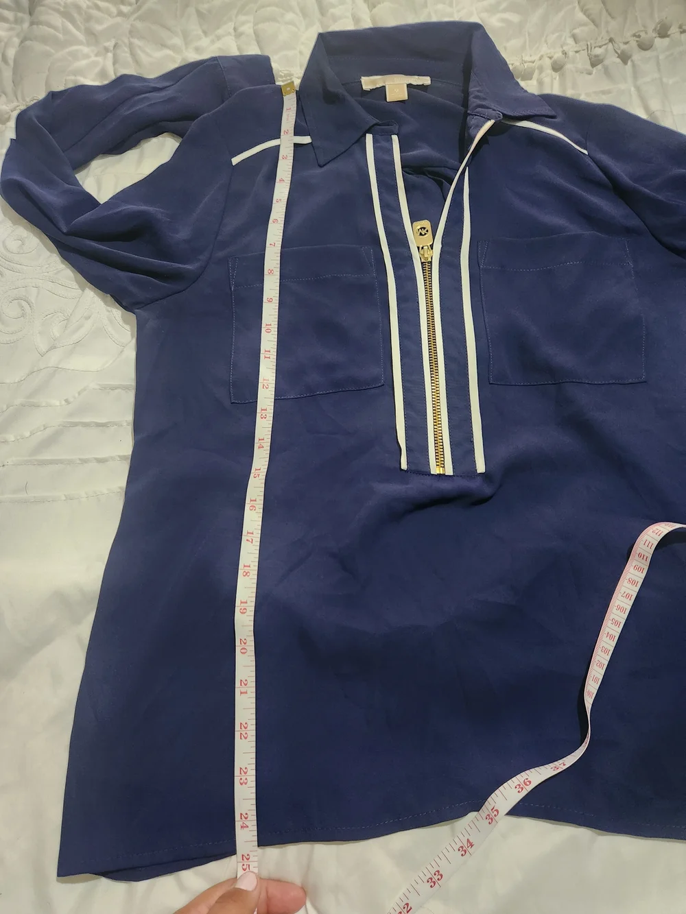 Michael Kors Navy Popover Blouse with White Trim and Gold Zip